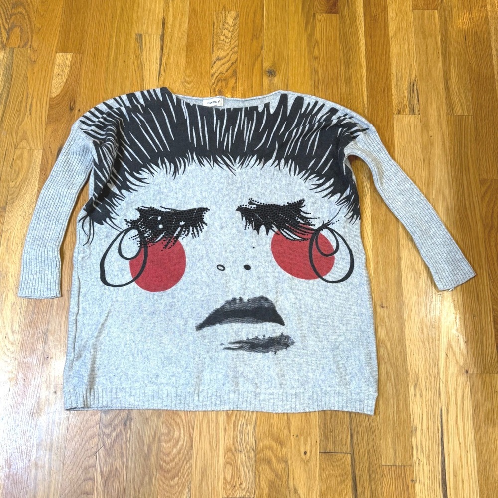 Han Belle Gray Wool Blend Abstract Face Graphic Sequin Eyelash Sweater Boat Neck